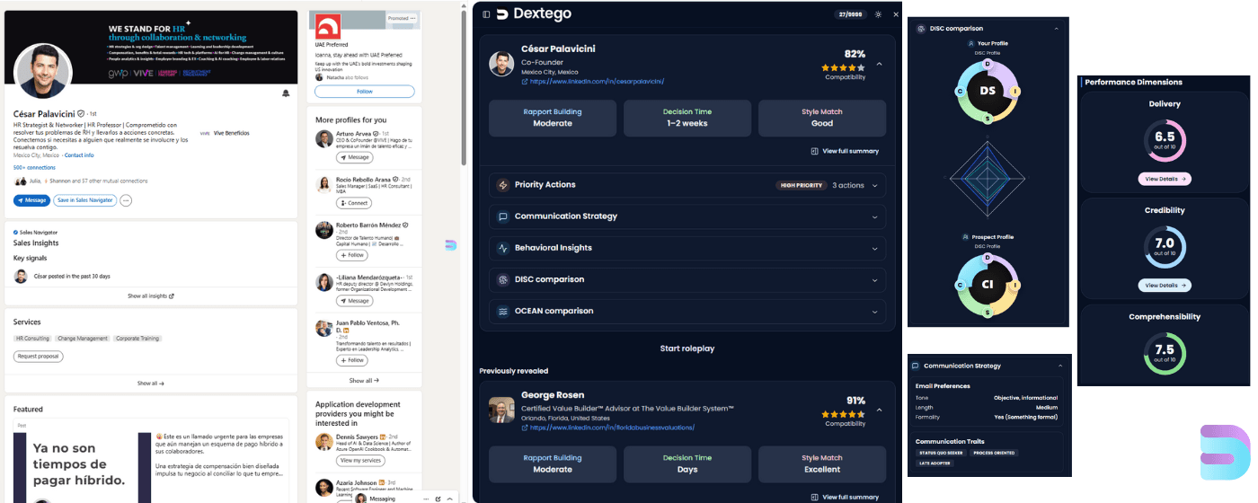 Dextego panel open next to a LinkedIn profile, showing compatibility score, communication strategy, and DISC comparison