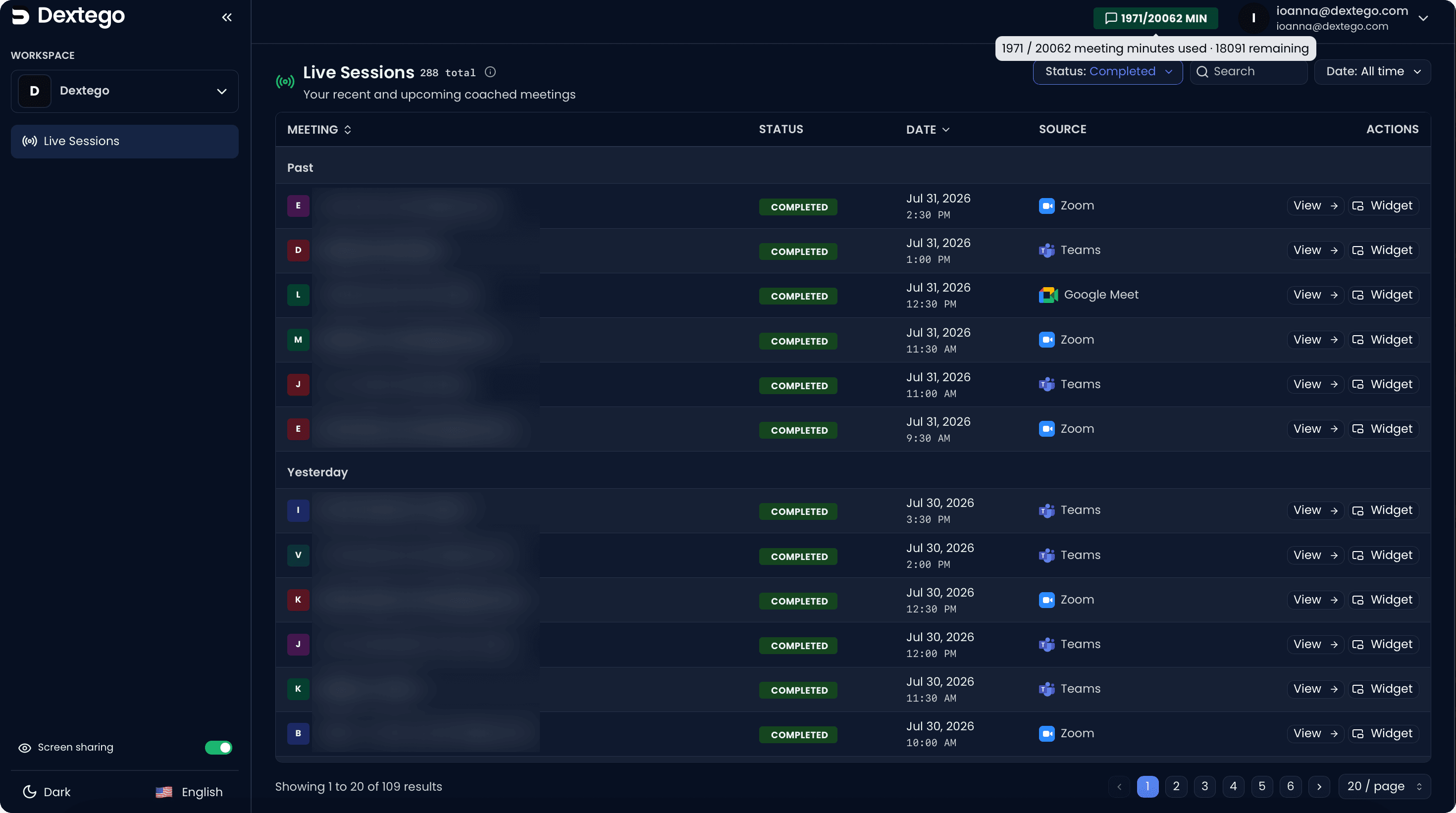 Connect your calendar — Dextego's Live Sessions dashboard, with meeting names blurred for privacy