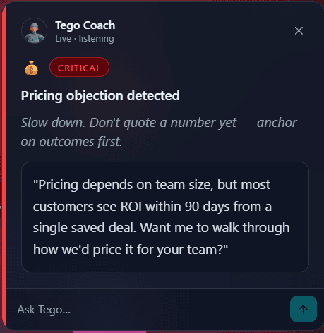 Coach Tego detecting a pricing objection live on the call and suggesting how to respond
