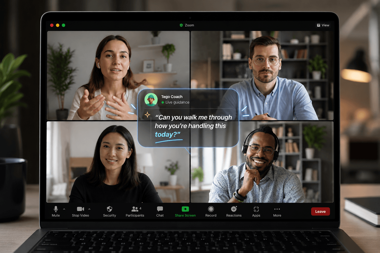 Tego Coach surfacing a live guidance prompt during a Zoom call with four participants