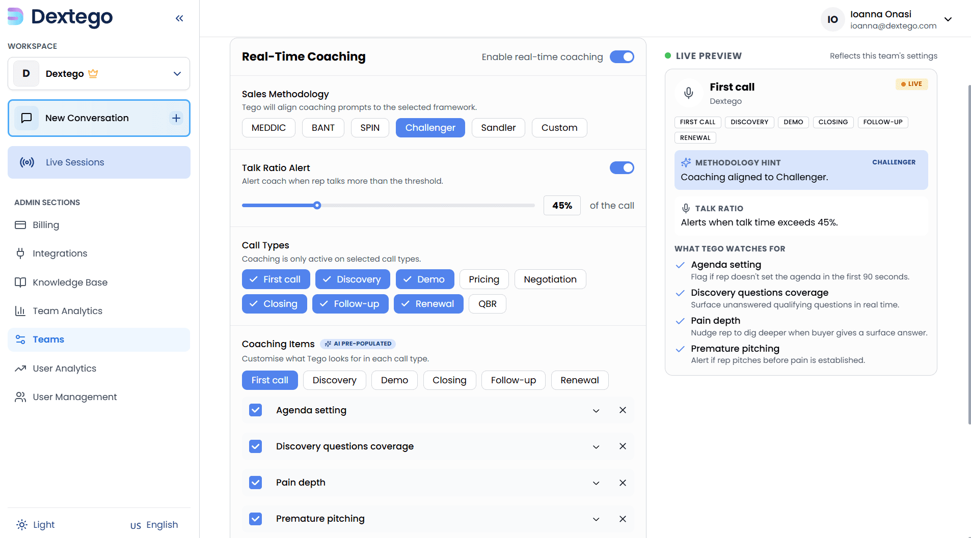 Dextego coaching configuration: an admin mapping the company sales methodology and frameworks into the coaching the team receives