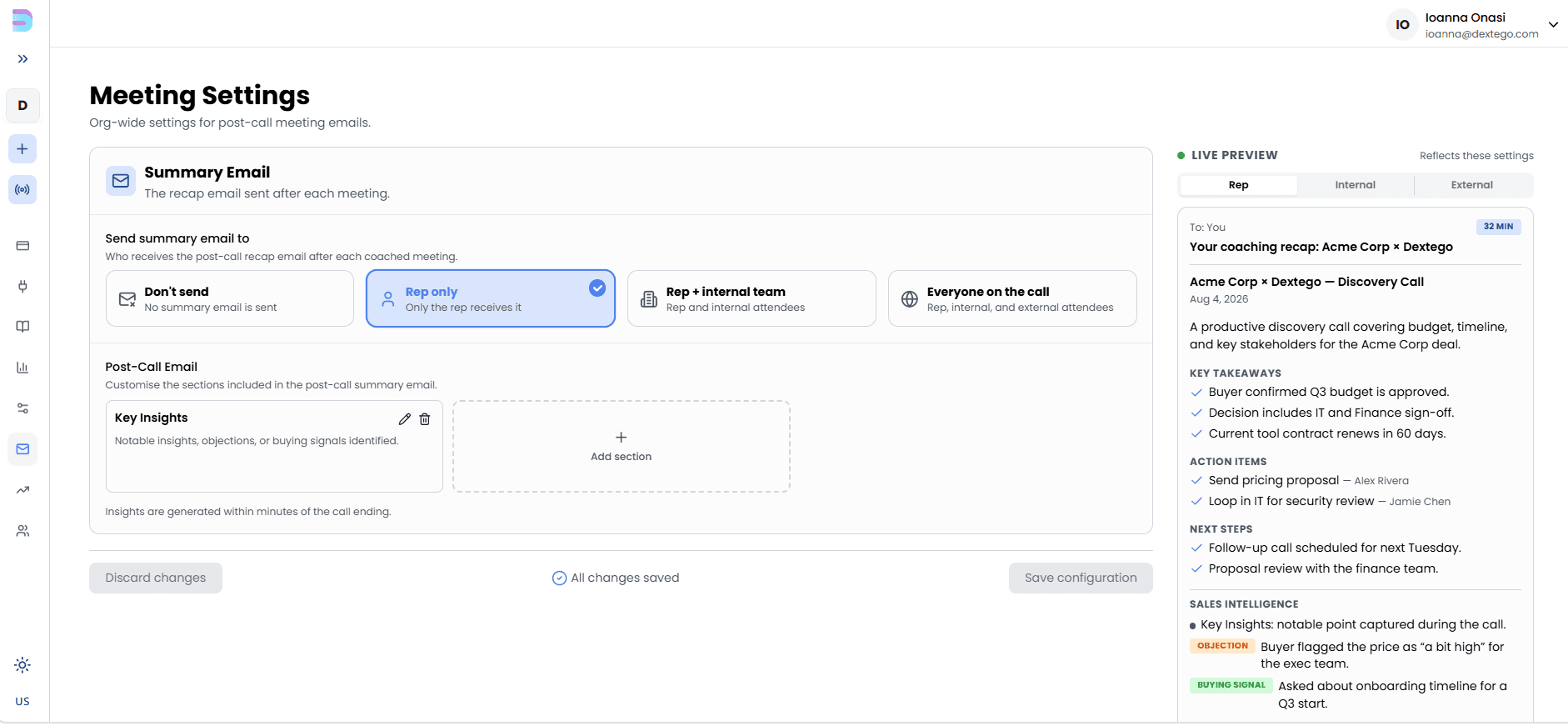 Meeting Settings — choose who receives the recap email and customize the summary