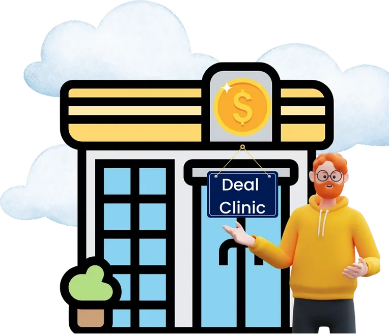 Deal Clinic building with coach character