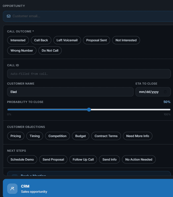 Sales opportunity fields auto-filled in the CRM after a call
