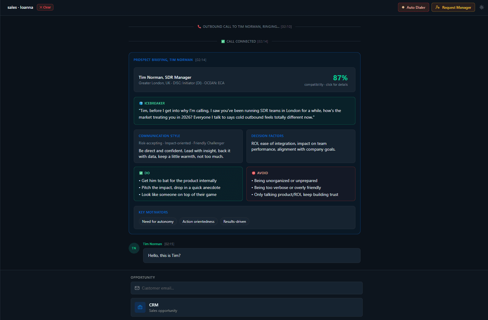 Dextego prospect briefing before a call, with compatibility score, communication style, and do/avoid guidance