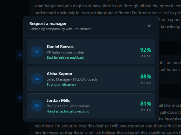 Requesting a manager mid-call in Dextego, ranked by compatibility score with the prospect