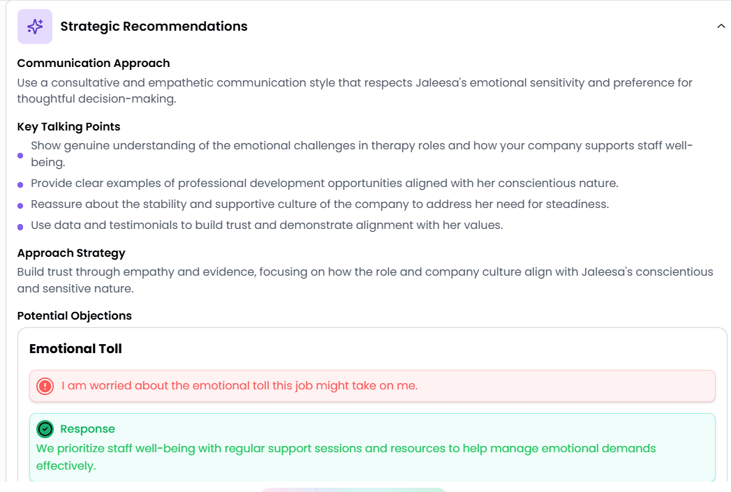 Strategic recommendations for the candidate conversation: communication approach, key talking points, approach strategy, and potential objections with suggested responses