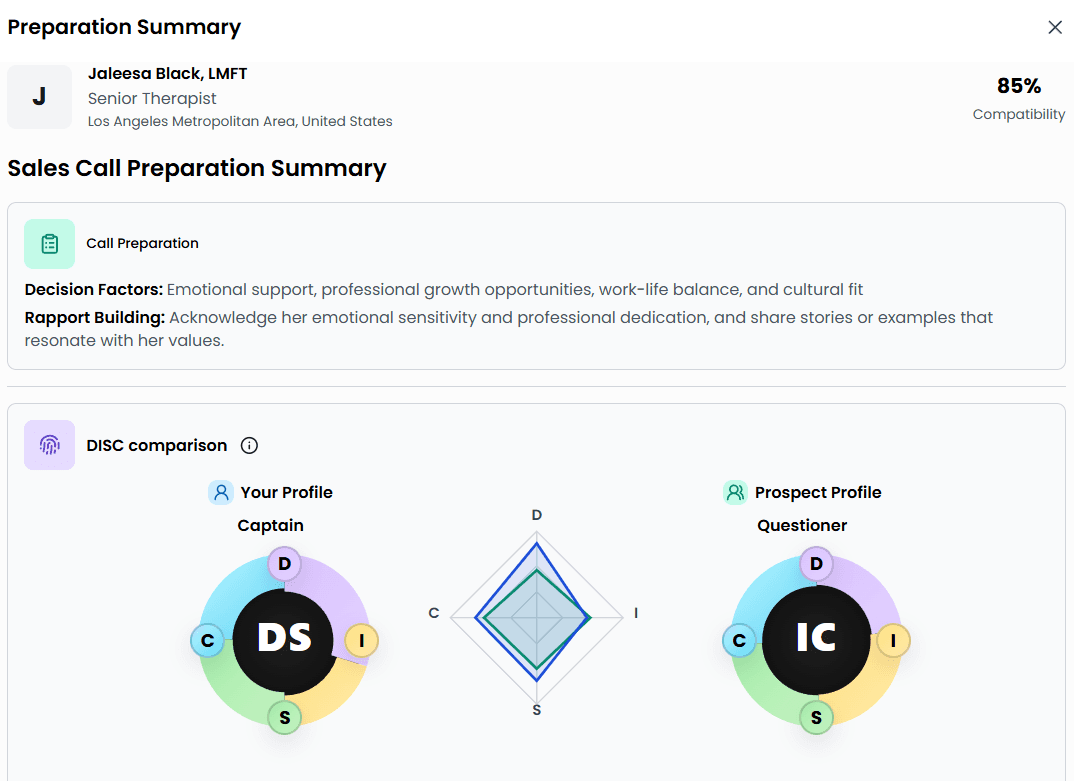 Preparation summary for a senior therapist candidate showing 85% compatibility, decision factors, rapport-building notes, and a DISC comparison between the recruiter and the candidate